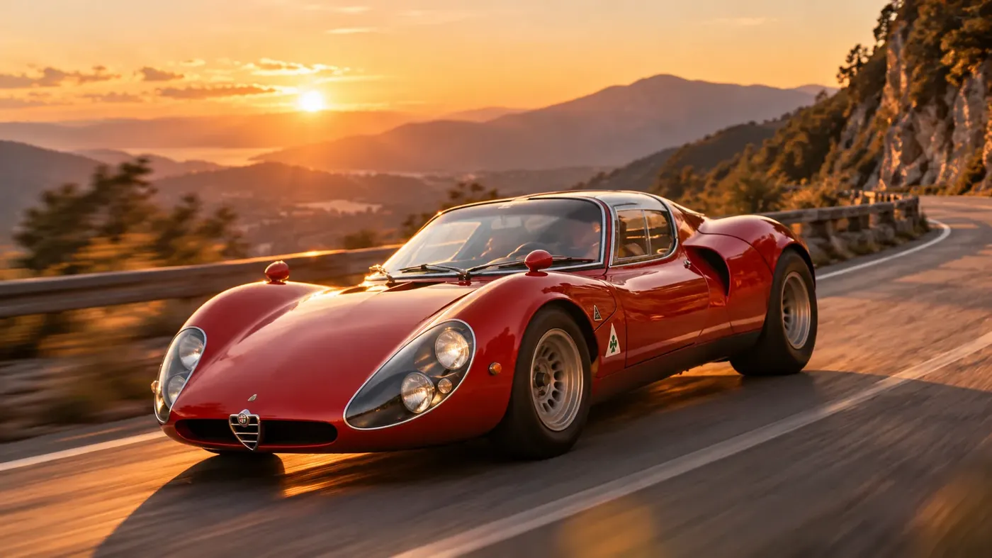 Un 33 Stradale rojo tomando una curva de carretera de costa al atardecer.